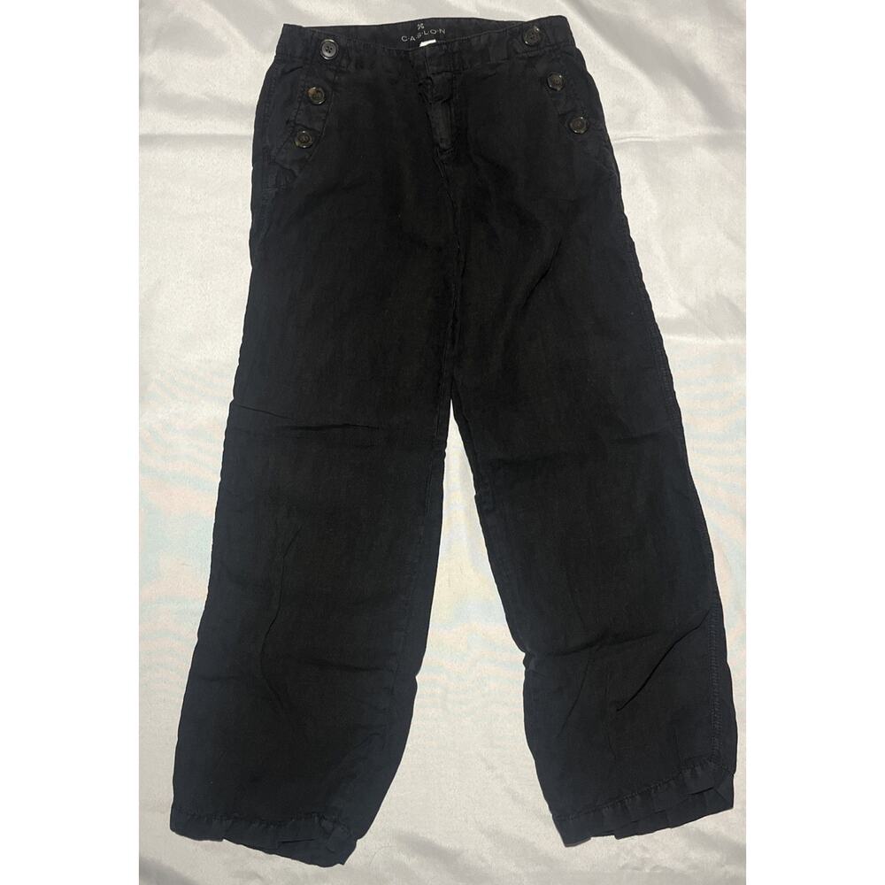 Caslon Womens 100% Linen Pants Size 2P Petite Black Hook Loop Button Details
